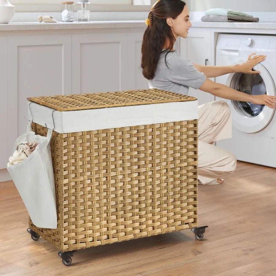 Cesto para roupa suja dobrável com 3 compartimentos e bolso lateral 70 x 36 x 66 cm Cor natural