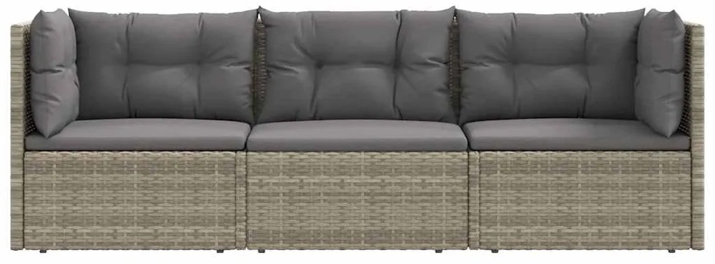 3 pcs conjunto lounge de jardim c/ almofadões vime PE cinzento