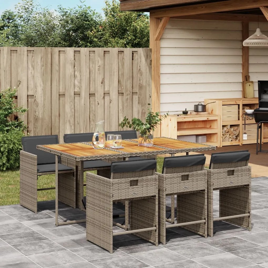 vidaXL 7 pcs conjunto de jantar p/ jardim c/ almofadões vime PE cinza