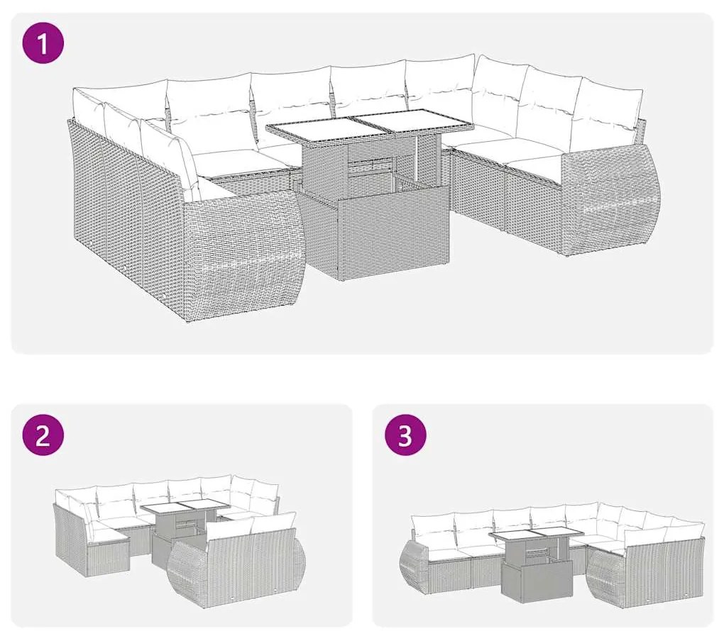 10 pcs conjunto de sofás p/ jardim com almofadões vime PE bege