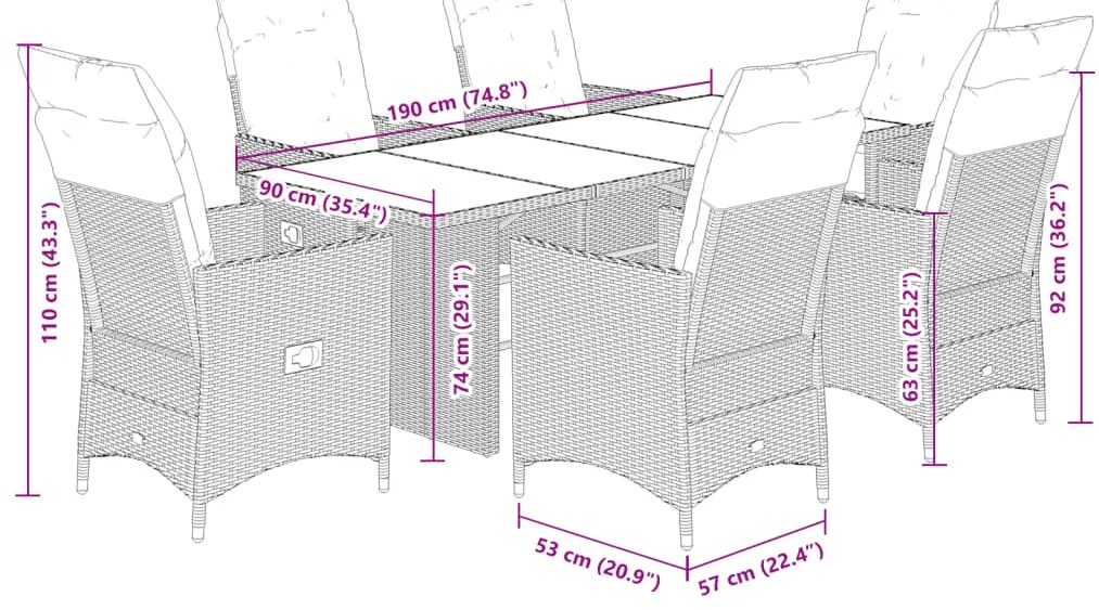 7 pcs conjunto de jantar p/ jardim c/ almofadões vime PE cinza