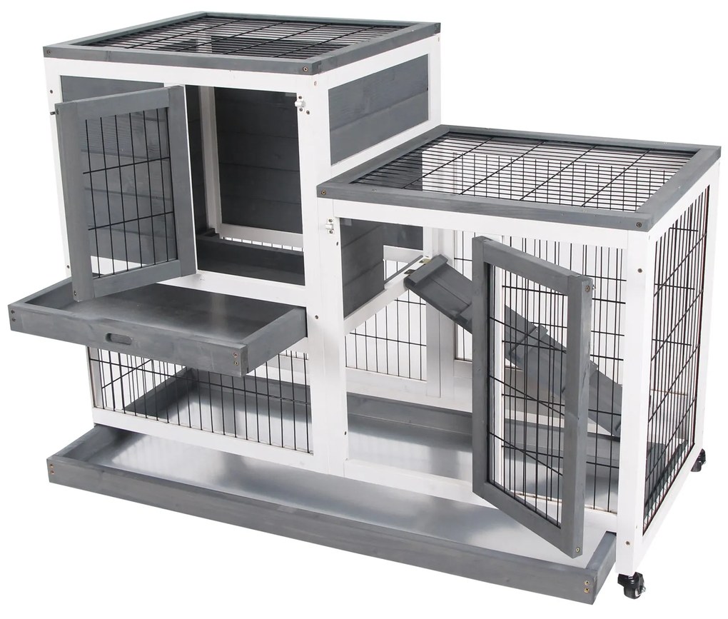 Coelheira de Madeira Interior com Rodas Gaiola para Coelhos Animais Pequenos de 2 Pisos com Zona Aberta Rampa e 2 Bandejas Removíveis 110x50x86cm Cinz
