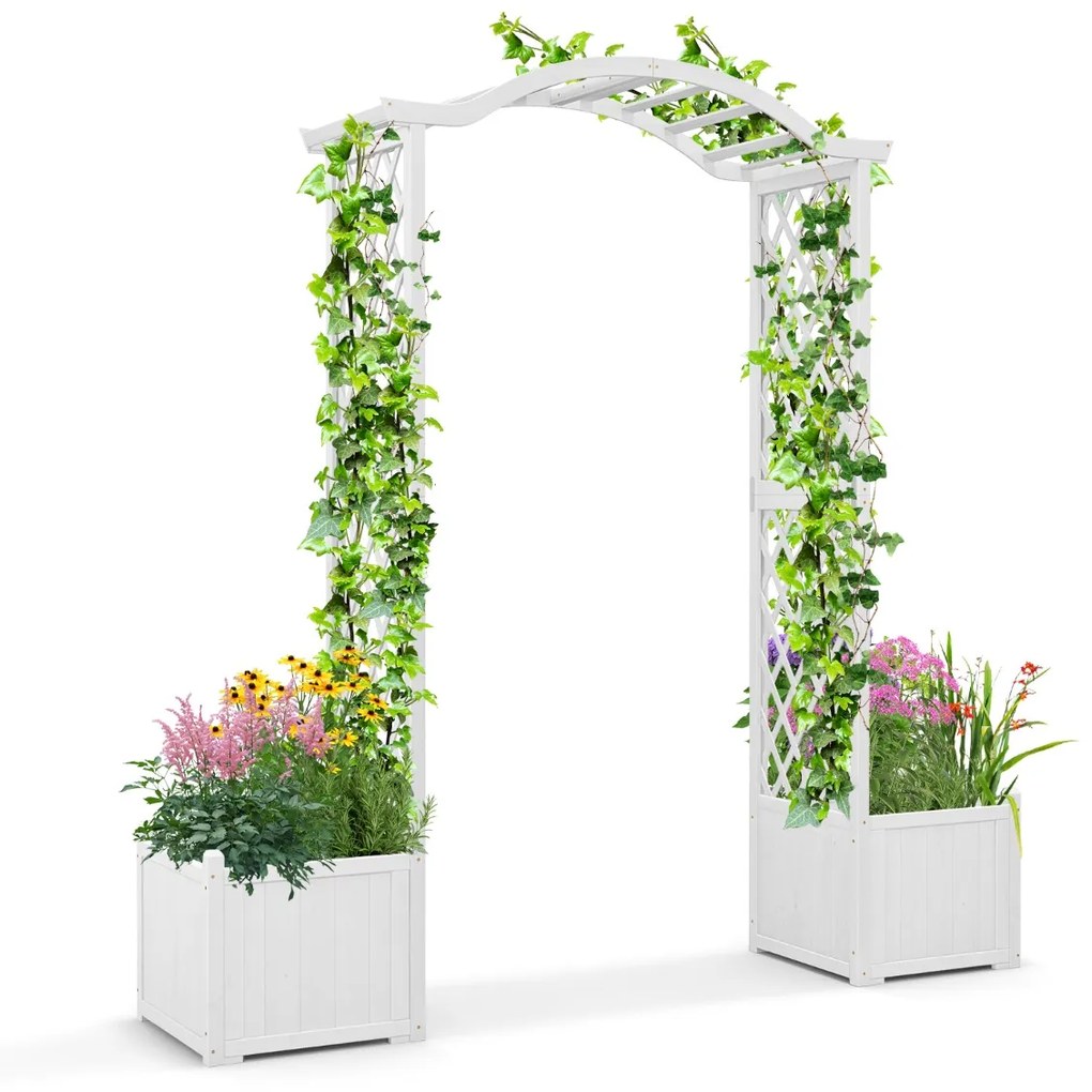 Arco de jardim com arco de madeira com floreira com treliça para plantas trepadeiras decorações para cerimônia de casamento 183x42x200cm branco