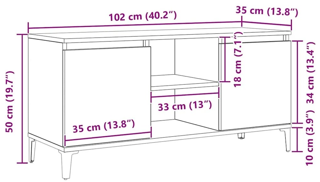 Armário de TV vidaXL Preto Carvalho 102x35x50 cm de Madeira de Engenha