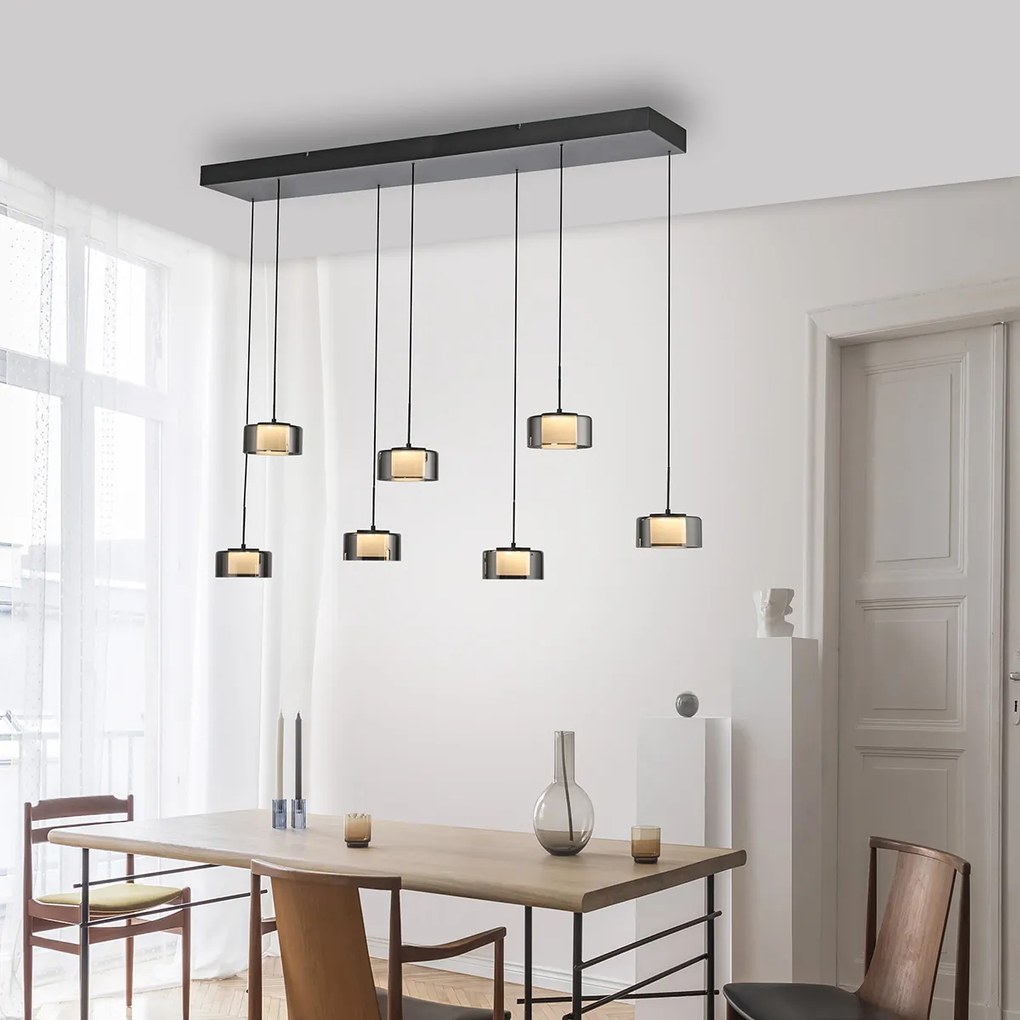 Candeeiro suspenso preto com vidro fumado incluindo LED 7 luzes Easylift - Rika Design