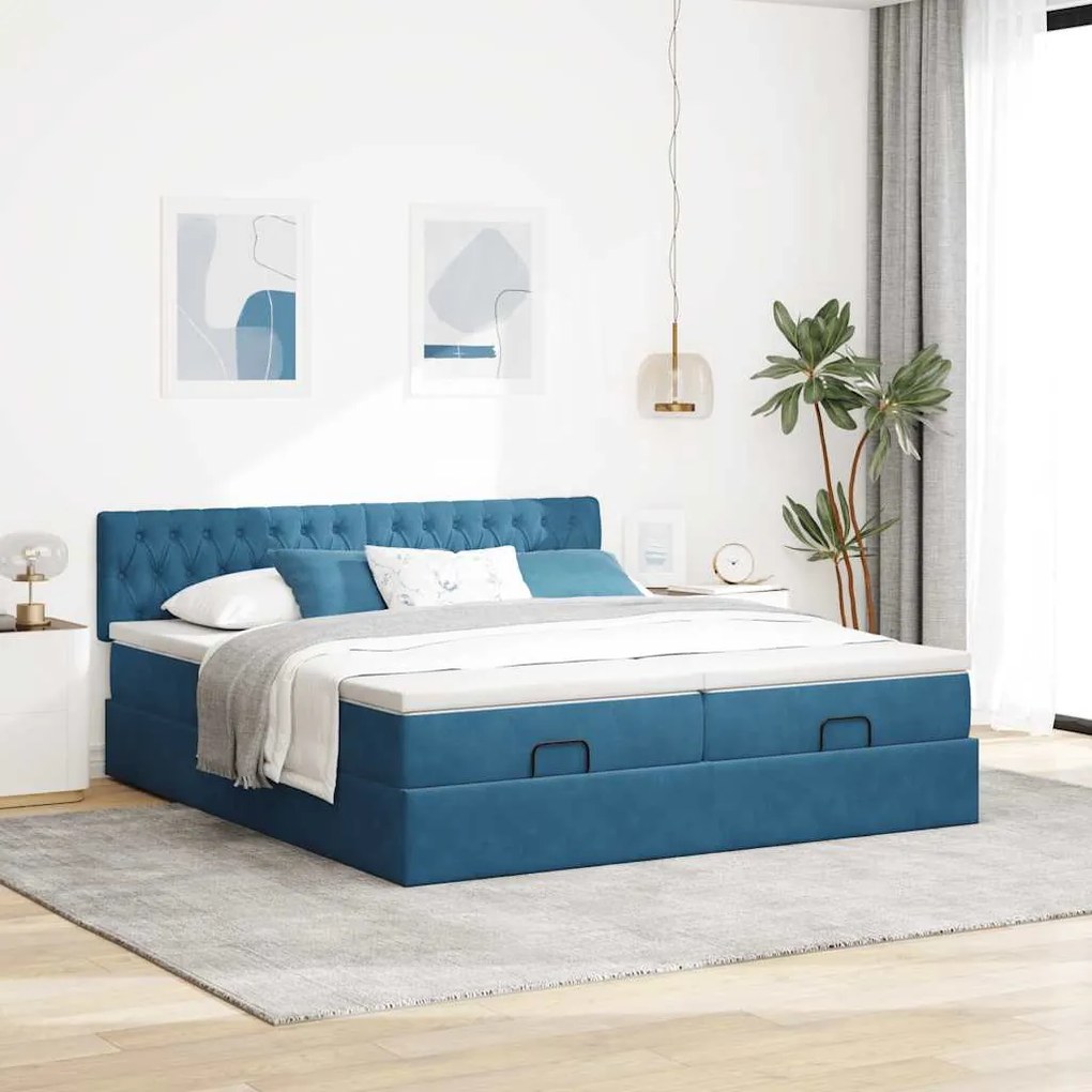 Estrutura cama otomana colchões 180x200 cm veludo azul escuro