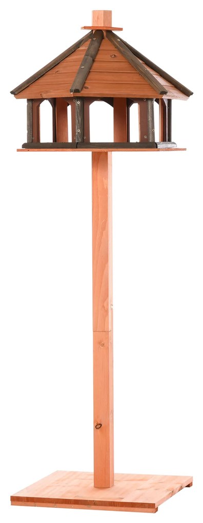 Casa para Pássaros de Pé de Madeira Maciça Ø52x130cm com Teto Comedouro para Aves Silvestres para Exterior Jardim Natural