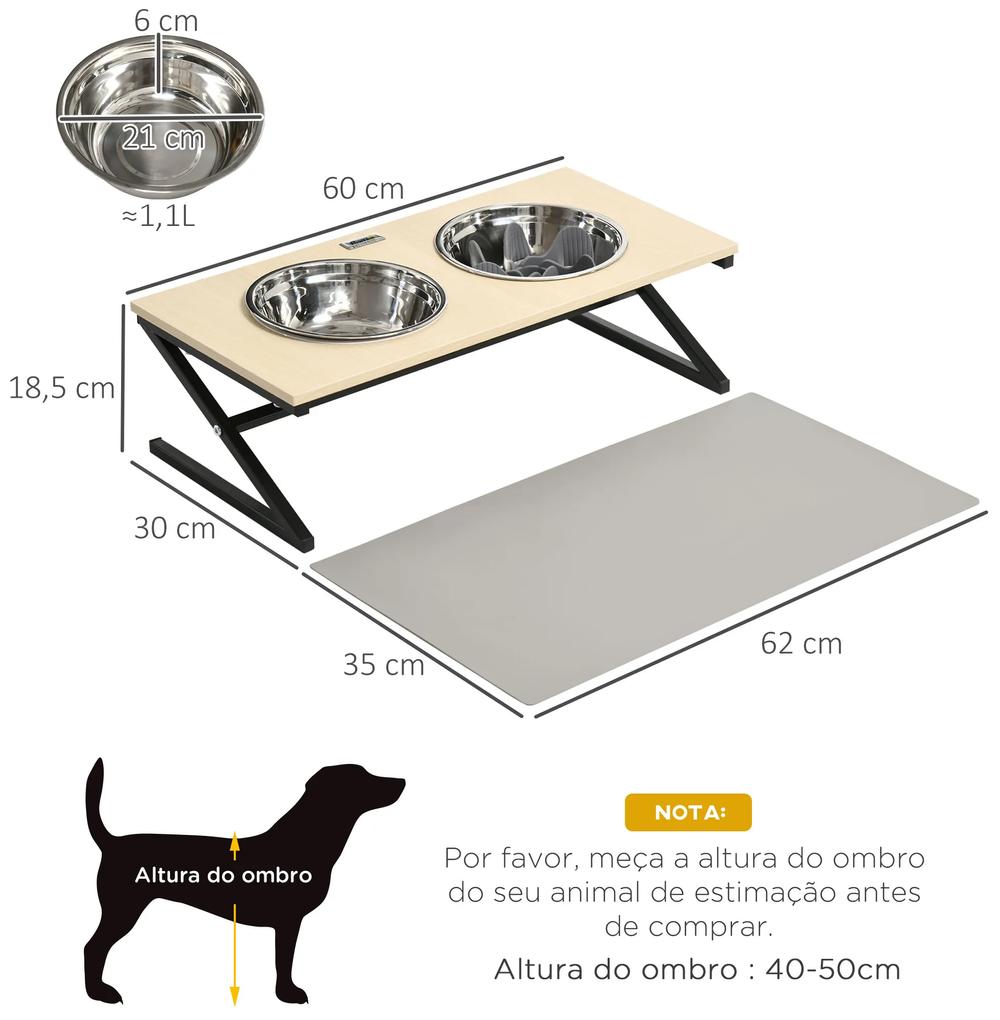 Comedouro Elevado para Cães Alimentador para Cães com 2 Tigelas de Aço Inoxidável 1100ml com Tapete Antiderrapante Comedouro Lento para Animais Médios