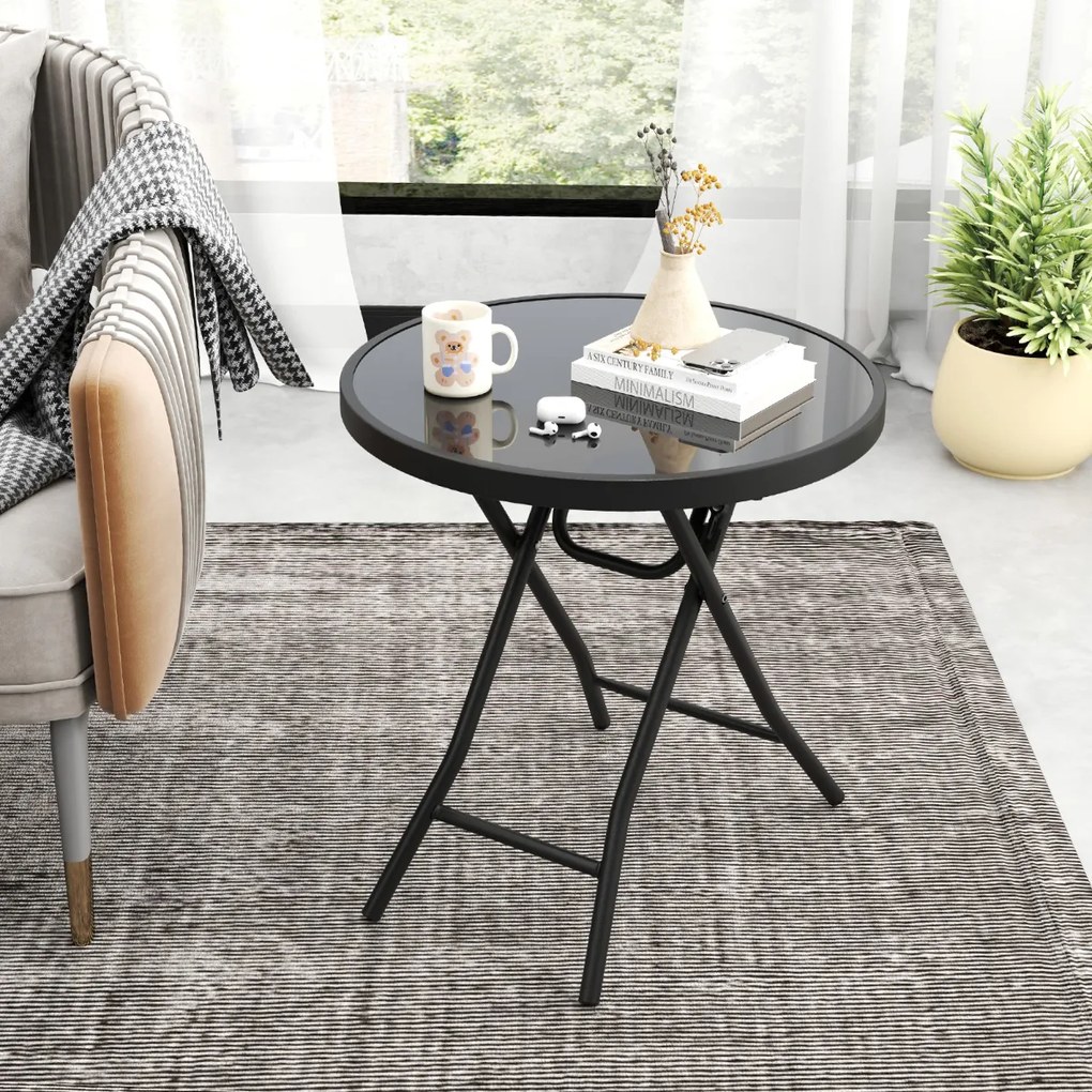 Mesa jardim redonda dobrável de 46 cm compacta com tampo de vidro temperado e estrutura metálica preta