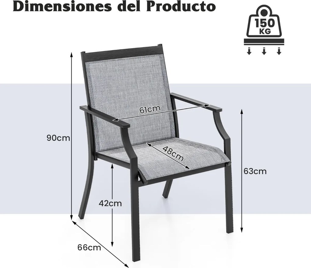 Conjunto de 2 cadeiras de jardim com assento respirável Estrutura metálica Costas altas e apoios de braços ergonómicos Cinzento