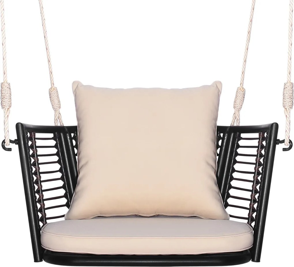 Baloiço de metal para 1 pessoa com encosto em rattan tecido 2 cordas suspensas Almofadas de assento Encosto para varanda Bege e castanho