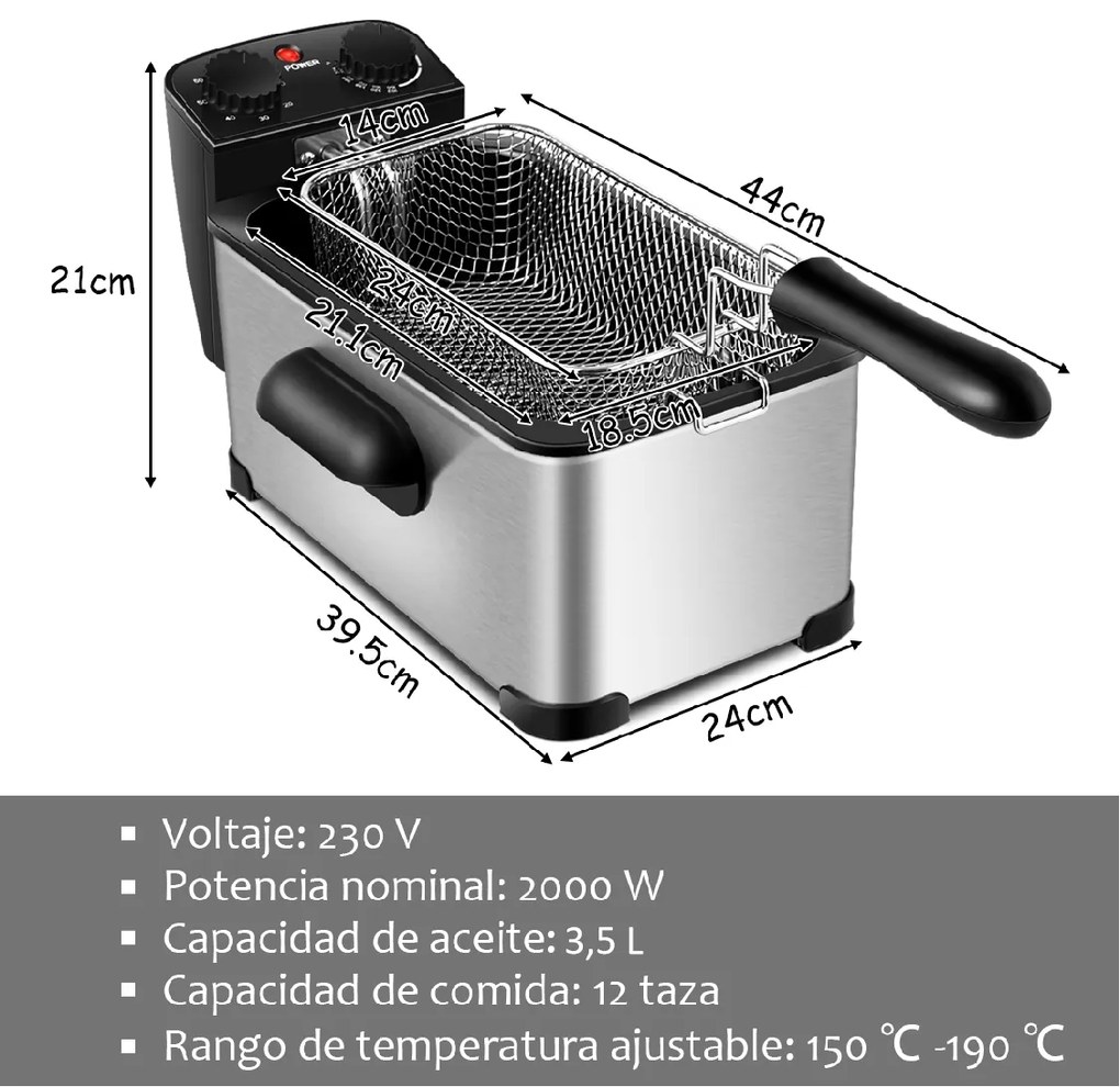 Fritadeira de Aço Inoxidável com Tampa de Recipiente de Óleo de 3,5 L com Janela e Temperatura Ajustável 55 x 24 x 24 x 21 cm Preto