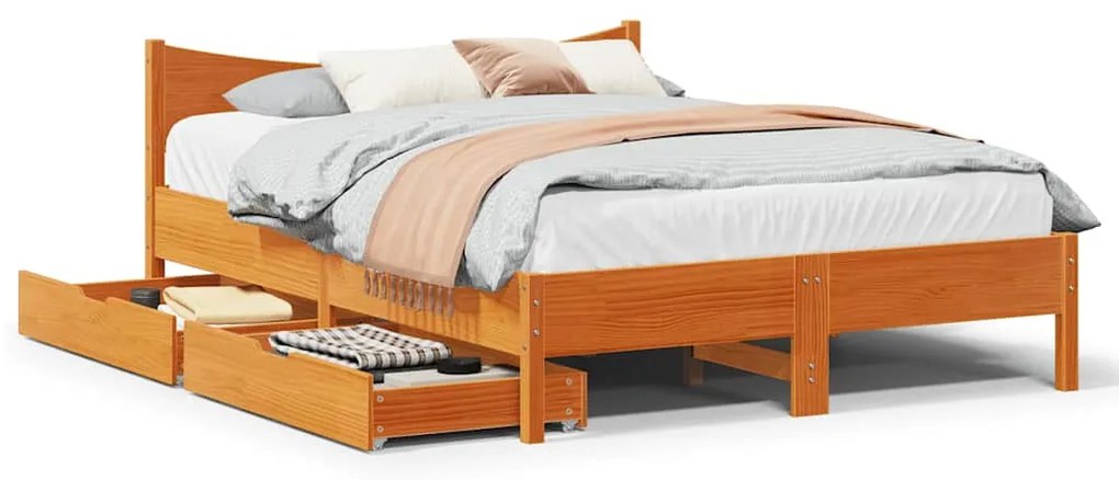 vidaXL Estrutura cama c/ gavetas 135x190 cm pinho maciço castanho-mel