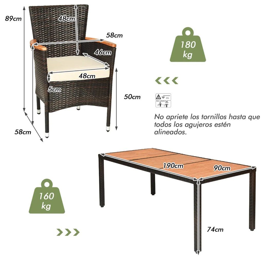Conjunto de Jardim de 9 peças para 8 pessoas com tampo de mesa em acácia e almofadas amovíveis Castanho