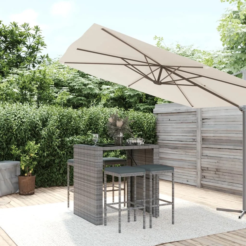 3187620 vidaXL 5 pcs conjunto de bar p/ jardim c/ almofadões vime PE cinzento