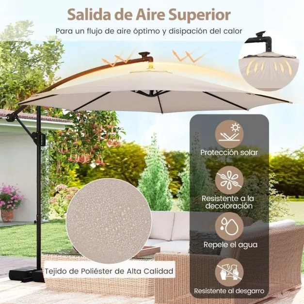 Guarda-sol 300 x 260 cm com base, iluminação LED, 9 modos, ajuste fácil da inclinação, rotação de 360° Bege
