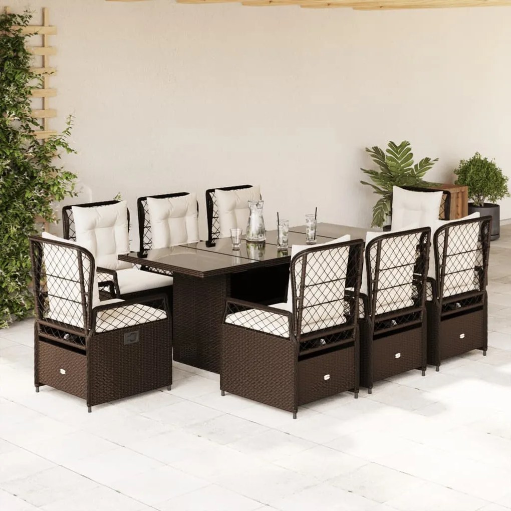 vidaXL 9 pcs conjunto jantar p/ jardim c/ almofadões vime PE castanho