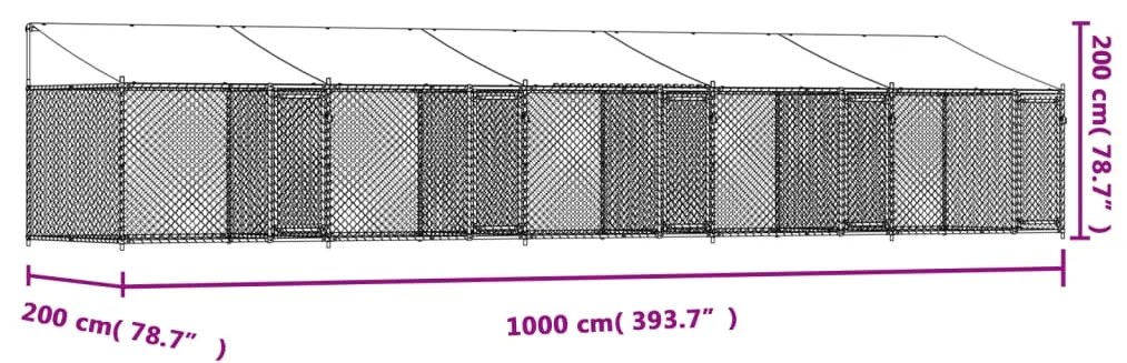 Jaula para cão com telhado/portas 10x2x2m aço galvanizado cinza