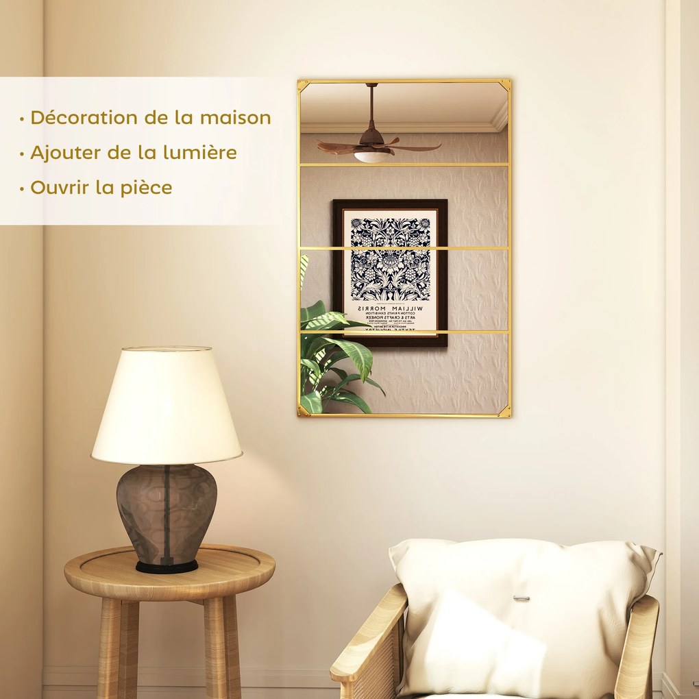 Espelho de parede retangular com vidro 109 x 69 cm, estilo industrial, na orientação horizontal ou vertical, com 4 ganchos, em metal dourado
