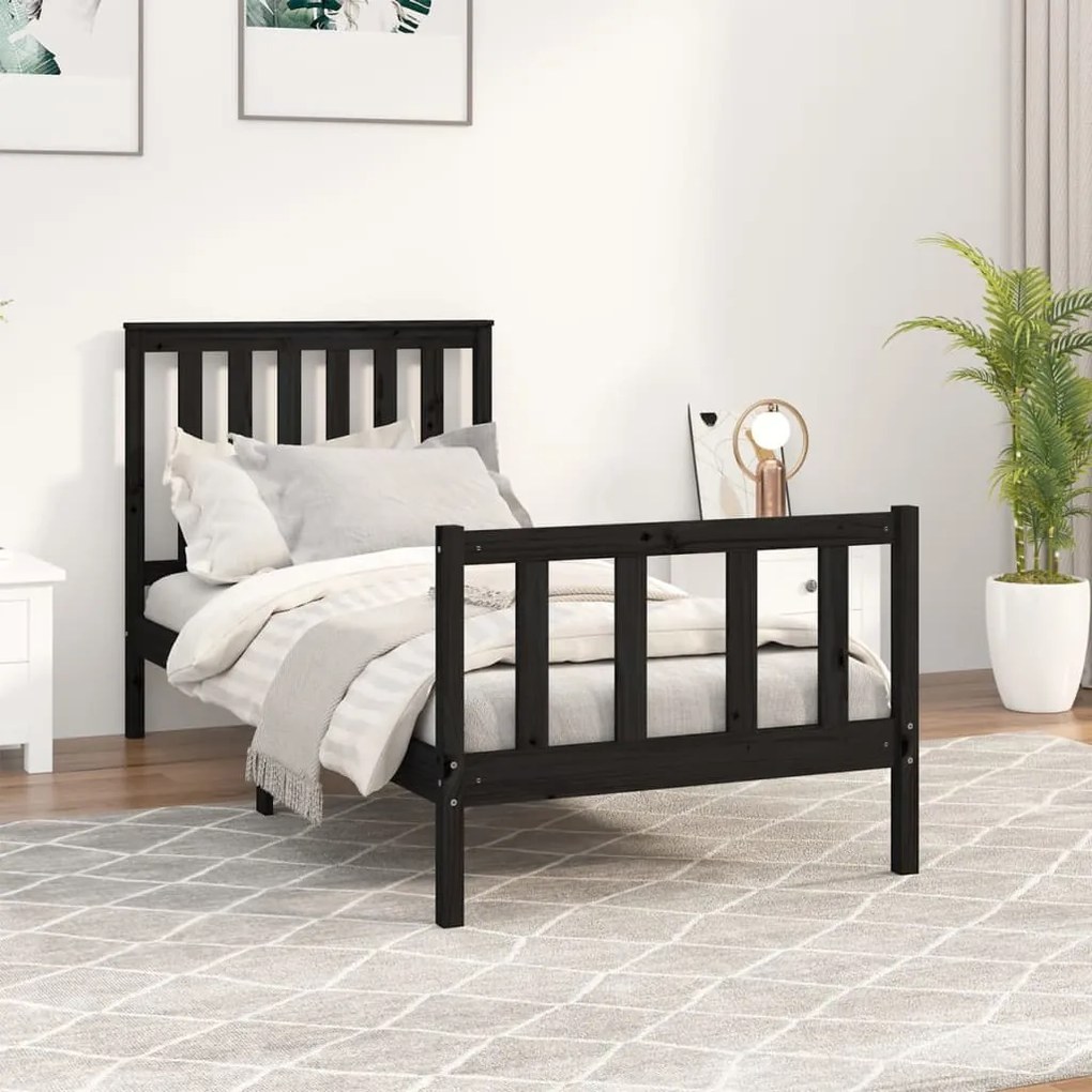 vidaXL Estrutura de cama com cabeceira 100x200 cm pinho maciço preto