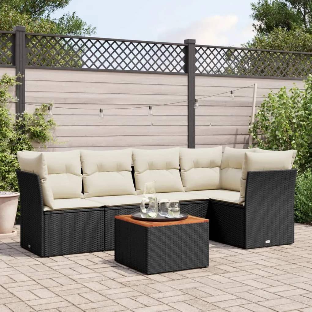 6 pcs conjunto sofás de jardim c/ almofadões vime PE preto