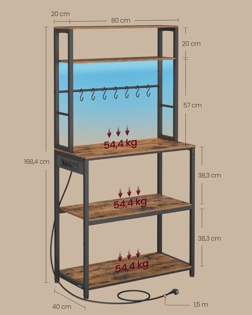 Armário de cozinha 40 x 80 x 168,4 cm com iluminação LED e tomadas, castanho vintage-preto