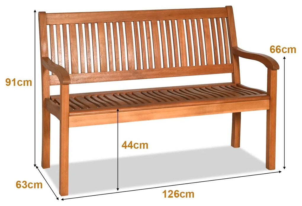 Banco jardim de madeira para 2 pessoas com encosto curvo e braços largos para Pátio Varanda Piscina 126 x 63 x 91 cm Castanho
