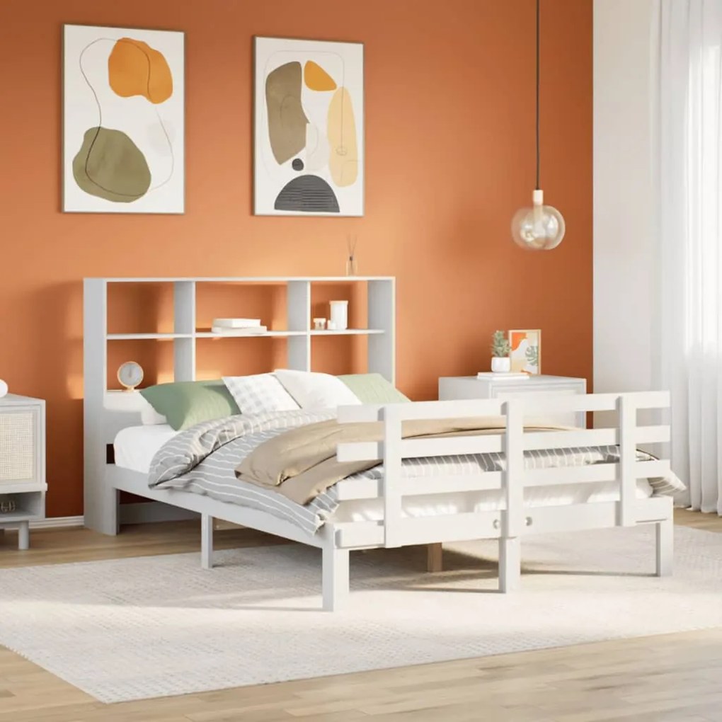 Cama com estante sem colchão 140x200 cm pinho maciço branco