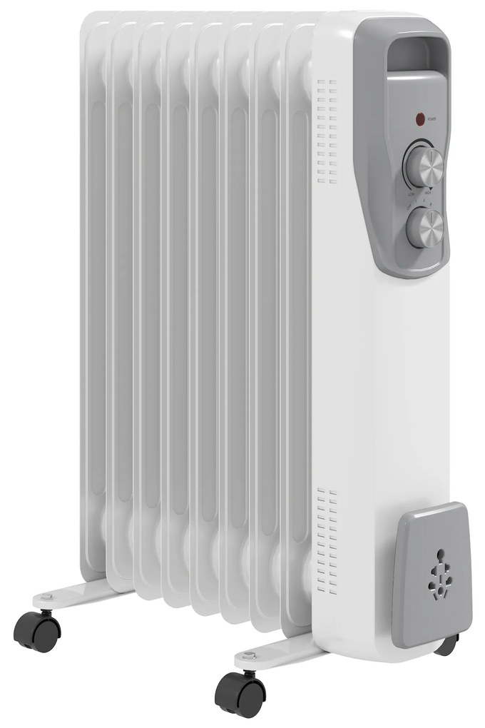HOMCOM Aquecedor a Óleo Silencioso 2000W Aquecedor Elétrico Baixo Consumo com Rodas Temperatura Ajustável para 25 m² 29x41,5x62 cm Branco