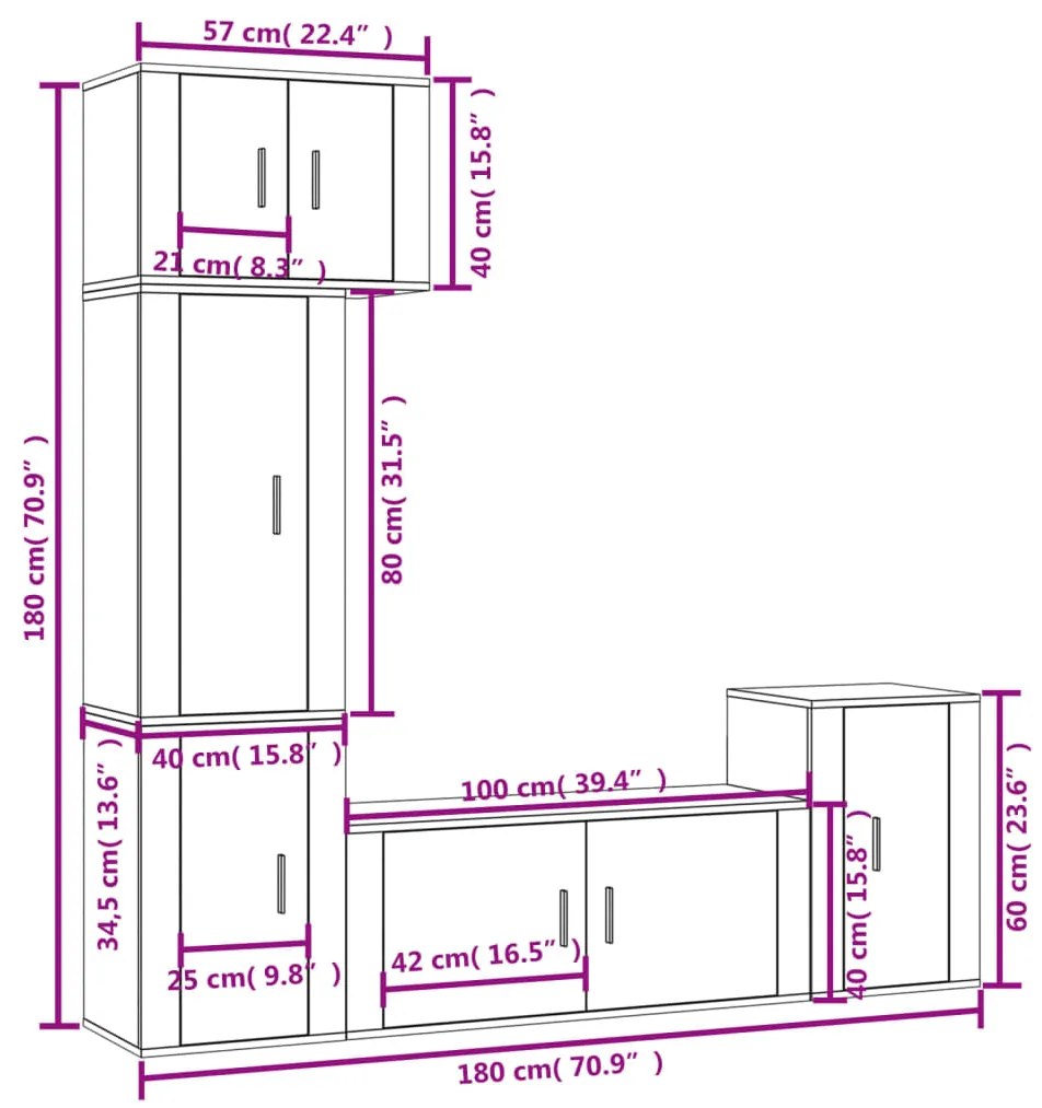 5 pcs conjunto móveis de TV madeira processada branco brilhante