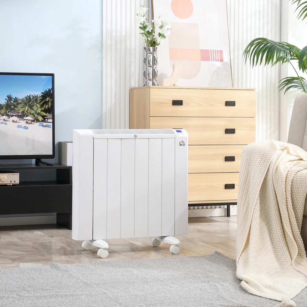HOMCOM Aquecedor Elétrico 1500W Aquecedor Convector com Ecrã LCD 4 Modos Termostato Temporizador e 4 Rodas para Áreas de 12m² Alumínio 67x31x68cm Branco