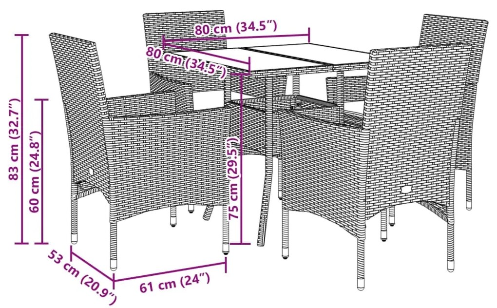 5pcs conjunto jantar jardim c/almofadões vime PE/vidro castanho