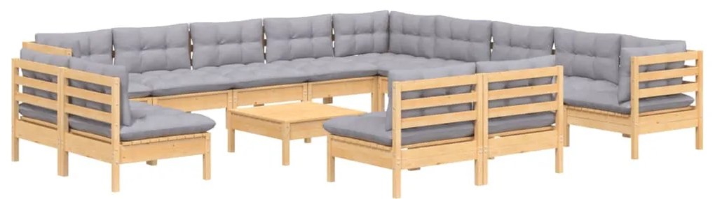 14 pcs conj. lounge de jardim c/ almofadões cinza pinho maciço