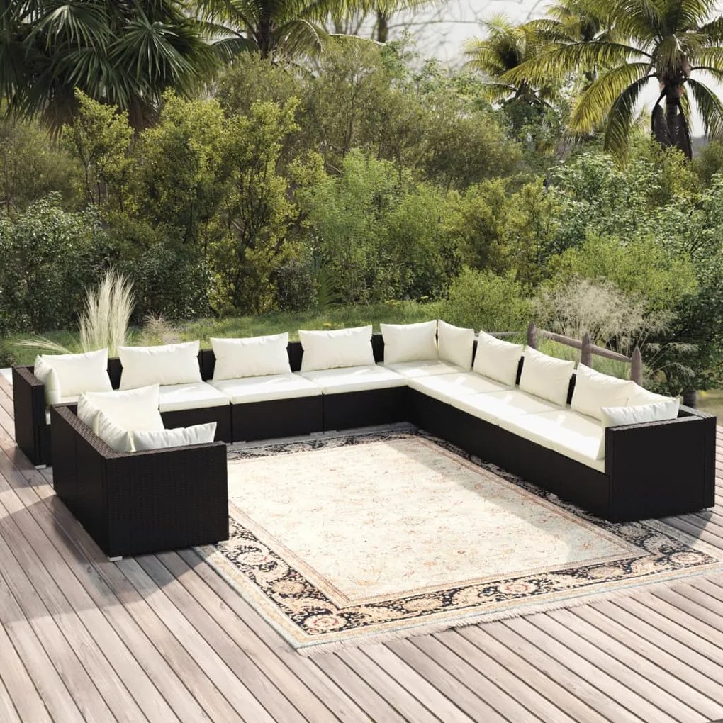 vidaXL 11 pcs conjunto lounge de jardim c/ almofadões vime PE preto
