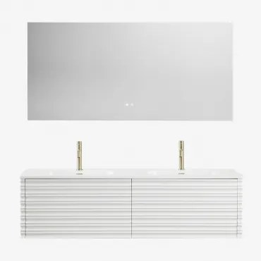 Conjunto De Móvel De Casa De Banho Suspenso 160x50 Cm Em Madeira Com Lavatórios Integrados Noura Branco & Retangular Led E - Sklum