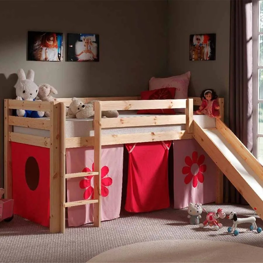 Conjunto Cama alta de Criança PINO 90 x 200 cm + estrado + escada + escorrega + cortina Flores Natural