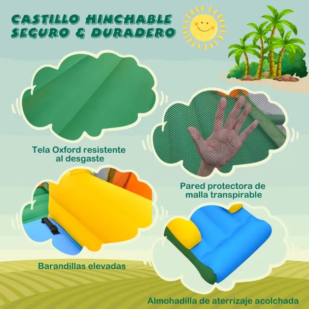Castelo insuflável com tema palmeira tropical 8 em 1 com Ventilador de ar 2 piscinas de bolas baliza Futebol e vôlei 468 x 406 x 240 cm Multicolorido