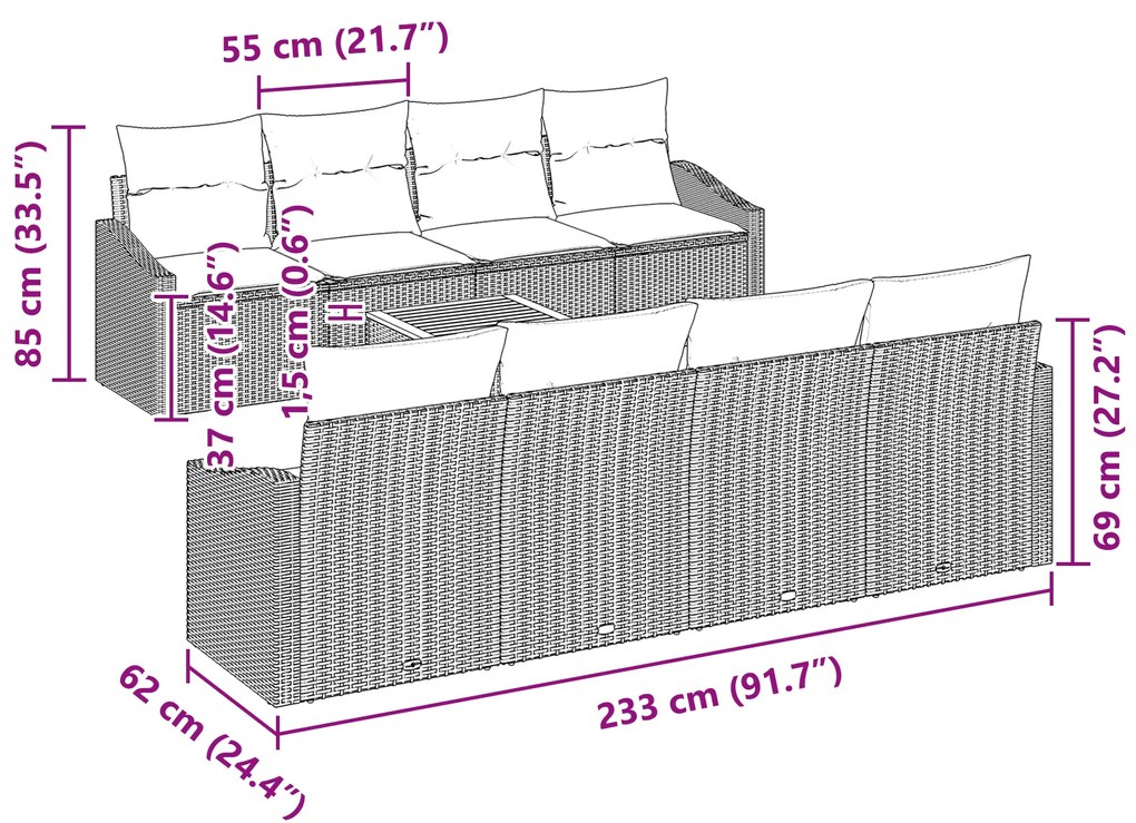 Conjunto de Sofá de Jardim com Almofadas Cinza de Rattan PE