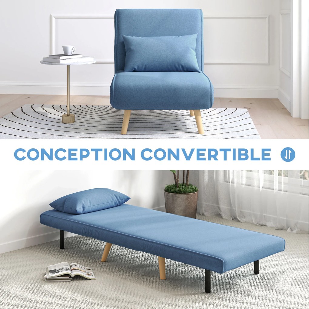 Poltrona conversível 3 em 1: poltrona-cama de 1 lugar com encosto de 5 posições, em tecido com almofada, azul