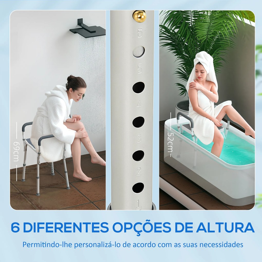 Banco de Duche com Altura Ajustável Banco de Duche de Alumínio Antiderrapante para Idosos e Descapacitados 52x45x57-69 cm Cinza