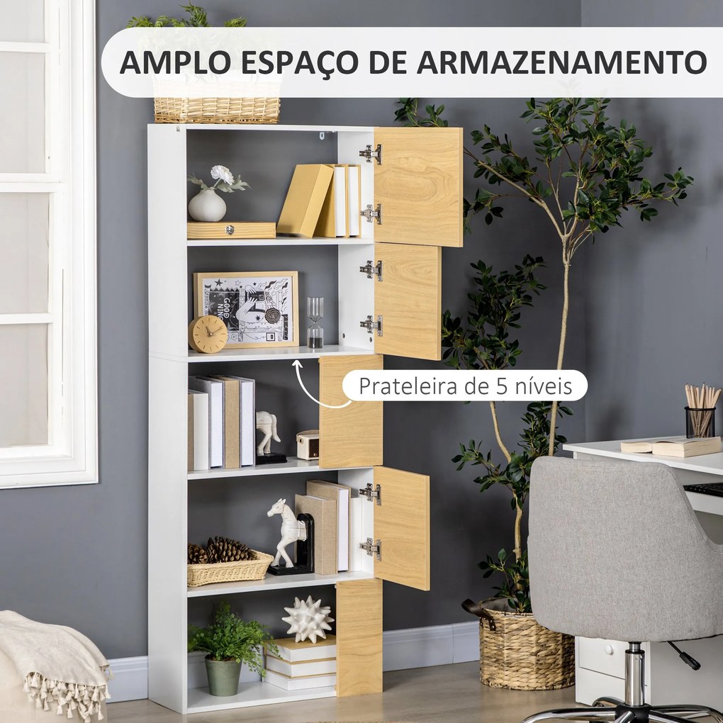 Estante de 5 Níveis Estante para Livros com 5 Portas e Compartimentos Abertos para Sala de Estar Dormitório Estúdio 63x22x166cm Branco e Madeira