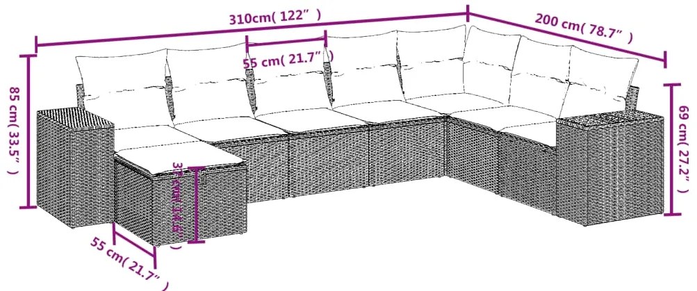 8 pcs conjunto sofás de jardim c/ almofadões vime PE castanho