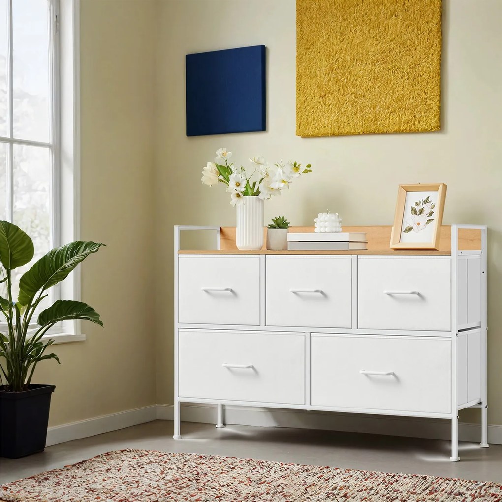 Cómoda armário 5 gavetas em tecido com puxadores 29 x 98,2 x 70 cm branco-carvalho bege
