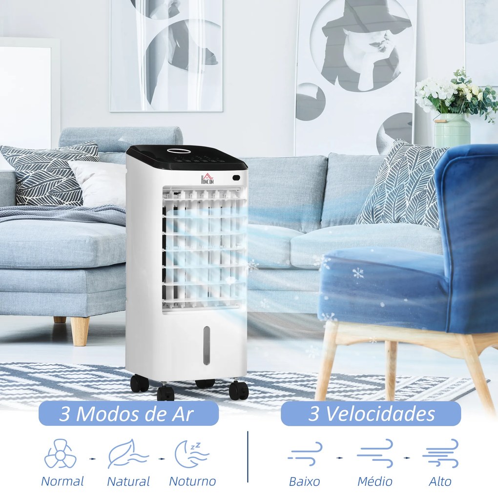 HOMCOM Climatizador Refrigerador de Ar Portátil 3,5 L 3 em 1 Climatizador Humidificador Ventoinha 65W Ecrã LED Controlo Remoto Temporizador Oscilação 3 Velocidades 3 Modos 24,5x27x60 cm Branco