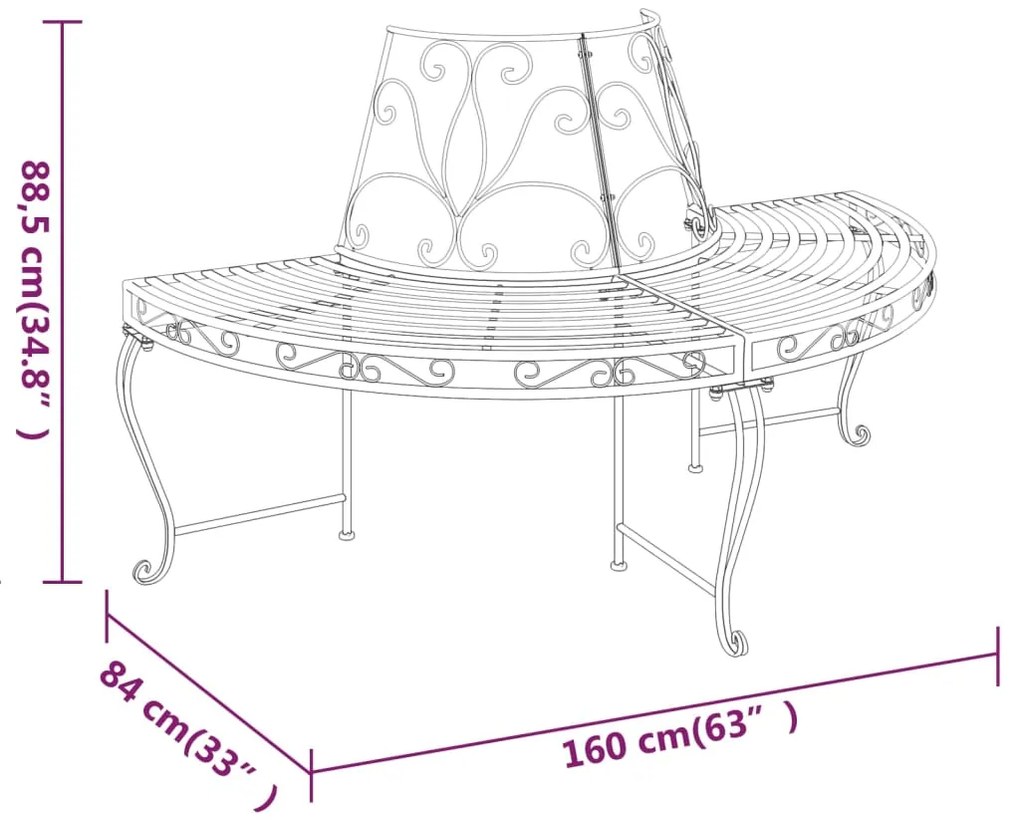 Banco para árvore semicircular Ø160 cm aço preto