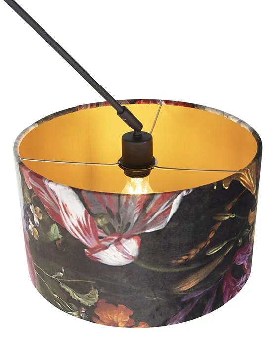 Candeeiro de suspensão preto com cúpula em veludo flores com dourado 35 cm - Blitz