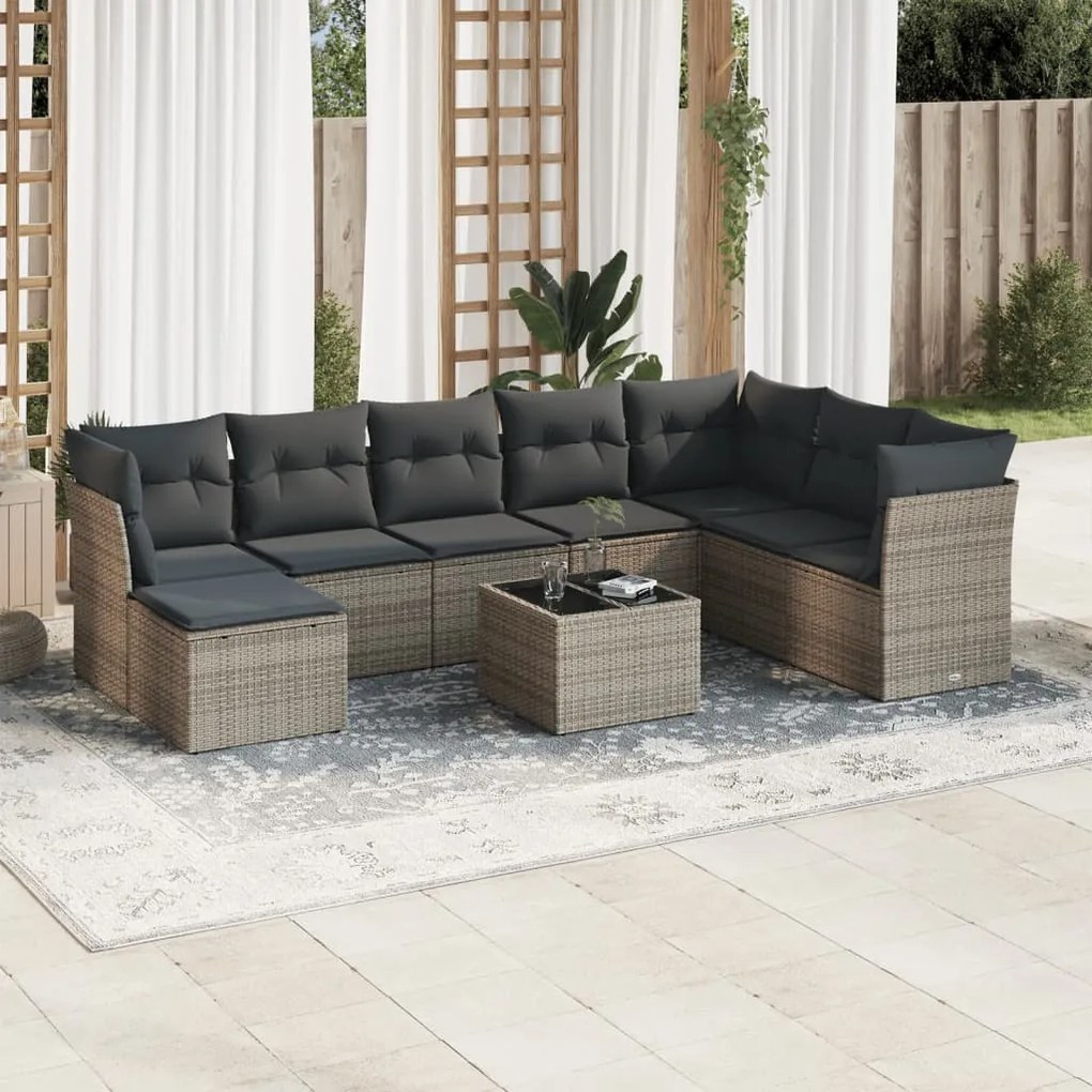 9 pcs conjunto sofás p/ jardim com almofadões vime PE cinzento