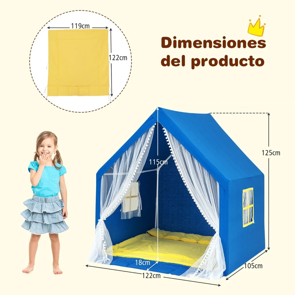Tenda Infantil com Tapete de Algodão Lavável, Luzes de Estrelas e Janelas 122 x 105 x 125 cm Azul