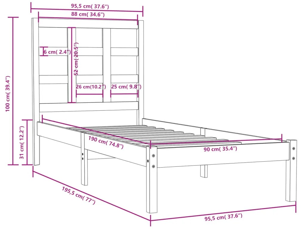 Estrutura de cama solteiro 90x190 cm madeira maciça