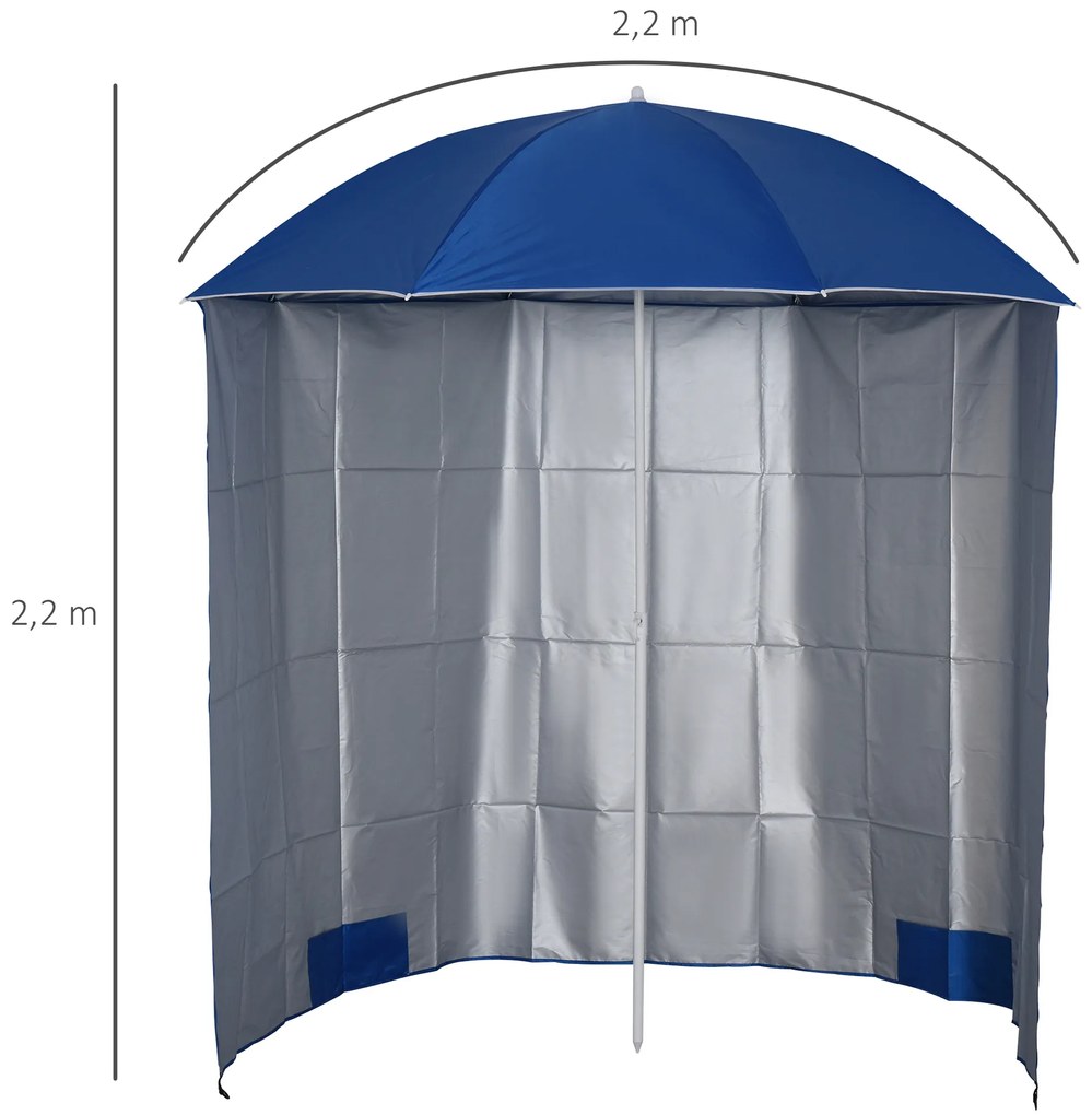 Chapéu de Sol de Praia com Painel Lateral Ø220x220 cm com Manivela Manual 8 Hastes de Aço e Bolsa de Transporte Azul